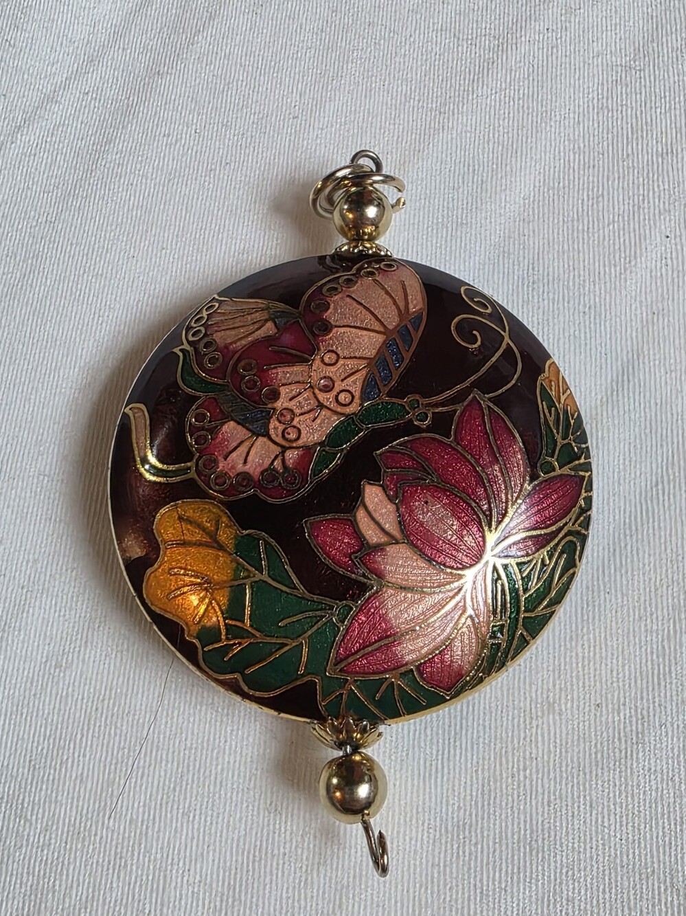 Vintage Large Double-Sided Cloisonné Enamel Butterfly & Lotus Pendant 2"